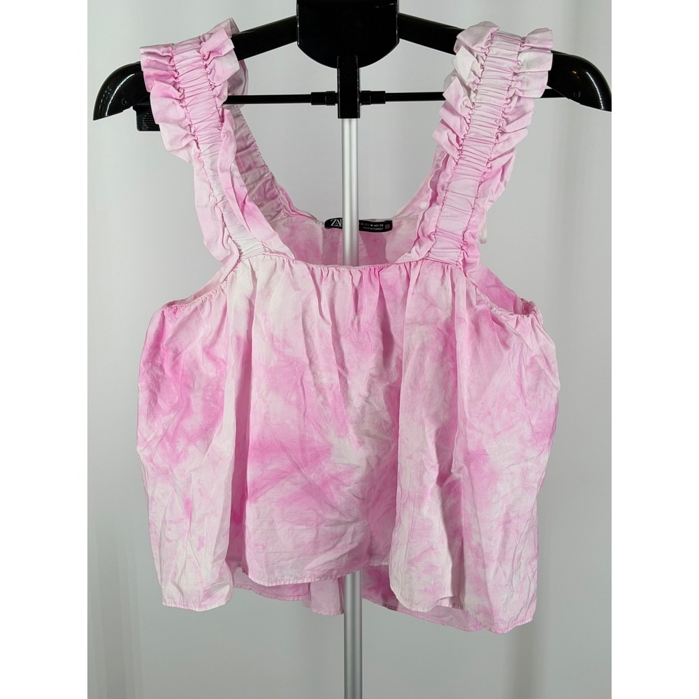 Zara Pink Tie Dye Ruffle Strap Crop Top Womens Square Neck Cotton Tank‎ M